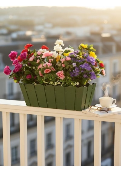 Yapay Çiçek Yeşil Balkon Saksıda Küpeşte Askılı Açelya Çiçeği Karışık Renkli Çiçek Sepeti 50cm