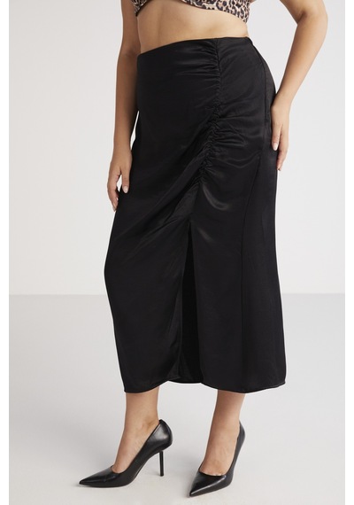 ETHIQUET JENA Kadın Kabarcıklı Saten Görünümlü Drape Detaylı Yırtmaçlı Midi Siyah Büyük Beden Etek ETHIQUET JENA Kadın Kabarcıklı Saten Görünümlü Drape Detaylı Yırtmaçlı Midi Siyah Büyük Beden Etek