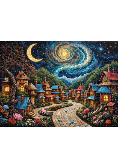 Nova Puzzle 1000 Parça Yıldızların Altındaki Masalsı Köy Puzzle - Fantastik