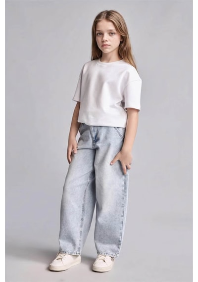 Defacto %100 Pamuk Baggy Fit Açık Mavi Kız Çocuk Jean Pantolon H6244a8/nm39