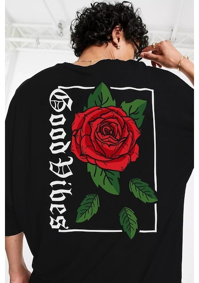 Startmore Oversize Rose Unisex Siyah T-shirt Siyah