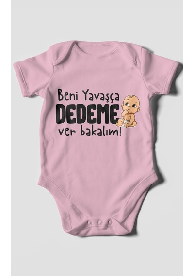 Morivokids Beni Yavaşça Dedeme Ver Bakalım Kısa Kollu Bebek Body %100 Pamuk Koyu Pembe