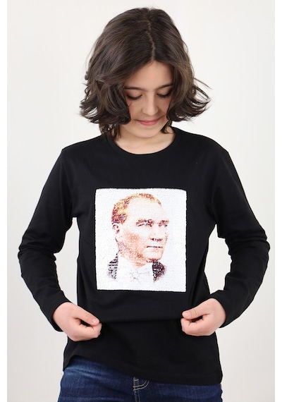 Toontoy Kids Toontoy Unisex Çocuk Atatürk Bayraklı Çift Taraflı Pullu Tişört Siyah