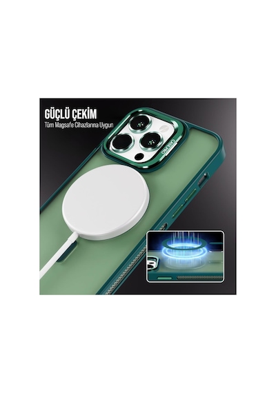 iPhone Uyumlu 14 Plus / 15 Plus Kamera Koruma Stantlı Magsafe Destekli Lens Koruyucu Telefon Kılıfı Haki