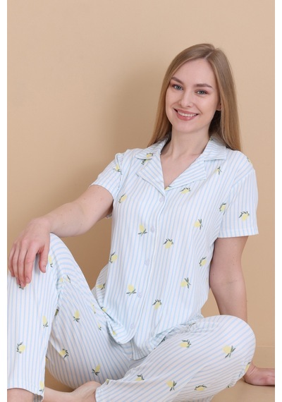 Wordex Mirano 9515 Çizgili Pegasus Pamuklu Kumaş Düğmeli Kısa Kolu Kadın Pijama Takımı Ekru Wordex Mirano 9515 Çizgili Pegasus Pamuklu Kumaş Düğmeli Kısa Kolu Kadın Pijama Takımı Ekru