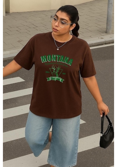 Benroma Büyük Beden Montana Baskılı Unisex Tişört Çok Renkli
