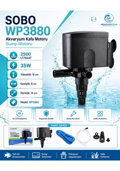 Sobo Akvaryum Kafa Motoru - Sump Motoru - 2500 Lt/saat - 16-8-14 Cm - 35w - Yüksek Su Sirkülasyonu - Wp 3880