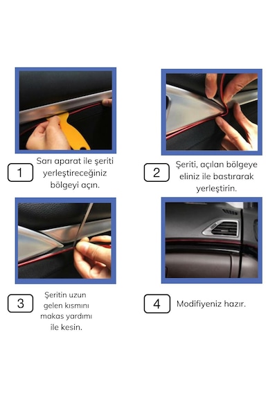 Mavi Araba Oto Trim Dekorasyon Şeridi Kauçuk Elastik Kolay Kurulum 5 Metre Şerit Bant 5372 .