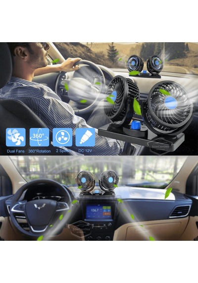 Üniversal Oto Ofis Araç İçi Torpido Üstü Vantilatör Çift Başlıklı Çakmaklık Girişli 2 Kademeli Soğutucu Fan 360 Dönebilen Ultra Sessiz Araç Fanı 12v Mavi 00 Şüscaroto Aksesuar