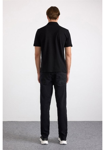 Süvari Siyah Regular Düz Nakışlı Pike Düğmeli Polo Yaka Tişört Ts1014000473-s09