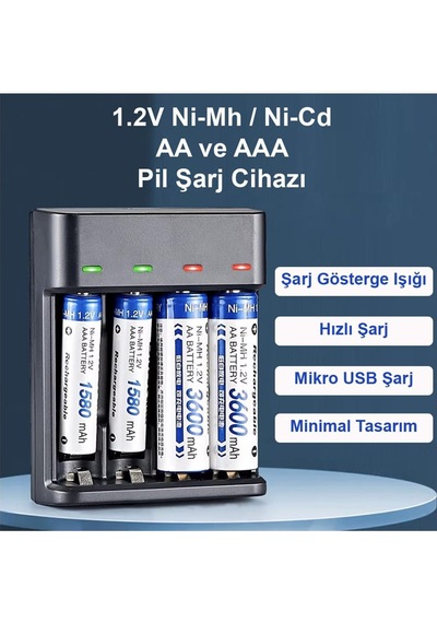 Pil Şarj Cihazı Aa/aaa 4 Yuvalı Led Göstergeli, Siyah, Gt-bc07