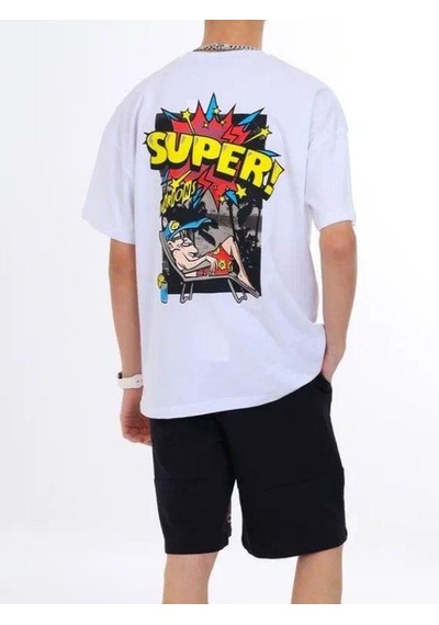 Marions Erkek Çocuk Geniş Kesim Sırtı Baskıllı Bisiklet Yaka T-shirt-13728-beyaz Beyaz