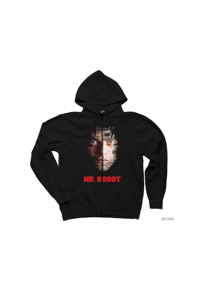 Mr Robot Elliot Motherboard Siyah Fermuarlı Kapşonlu Sweatshirt Siyah
