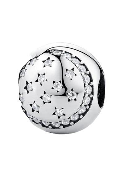 Parıldayan Ay Ve Yıldızlar Yuvarlak Klips Charm Gümüş