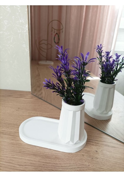 Mini Düz Desenli Beton Saksı Tekli Ve Oval Tabak - Yapay Çiçek Hediyeli - Mor