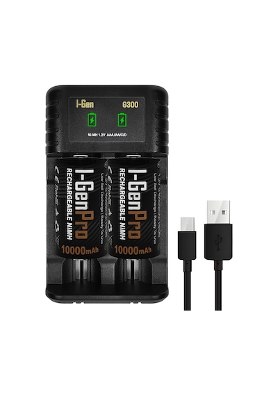 I-gen G32d 2'li Aa/aaa/c/d Pil Şarj Aleti + 2 Adet Pro D 10.000 Mah 1.2v Ni-mh Şarjlı D Büyük Boy Pilli Set
