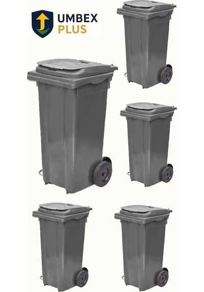 Umbex 5 Adet Plastik Çöp Konteynerı Çöp Kovası 120 Lt Isıya Karşı Dayanıklı 5 Adet Gri