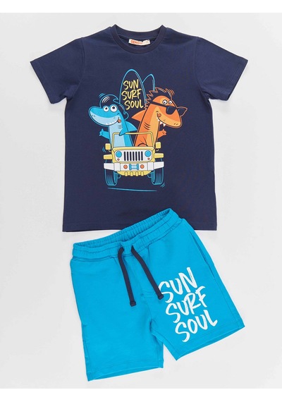Denokids Shark Surf Erkek Çocuk T-shirt Şort Takım Çok Renkli