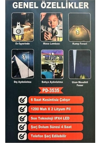 Powerdex PD-3535 Çift Işıklı Güneş Enerjili Kamp Feneri Beyaz