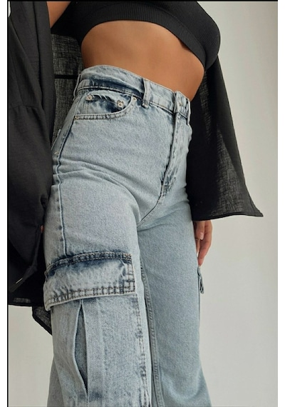 Kadın Açık Kar Liralı Kargo Cep Palazzo Wide Leg Açık Kar 1