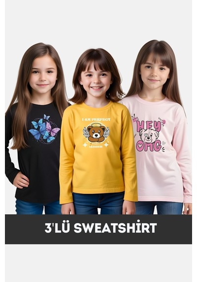 Fyk Kids Kız Çocuk Bisiklet Yaka 3'lü Basic Sweatshirt Çok Renkli