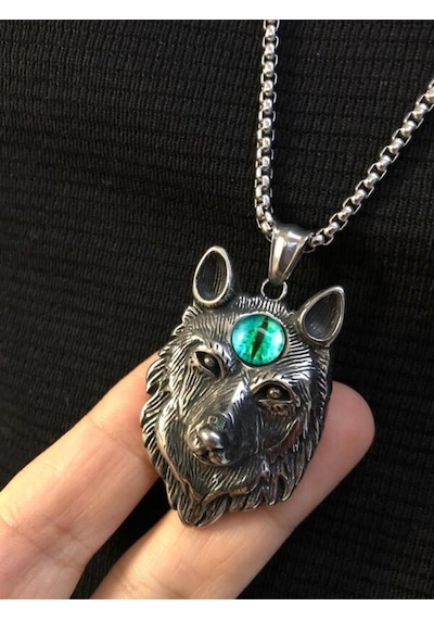 Viking Fenrir Kurt Başı Erkek Çelik Kolye Işıklı Kutuda Sevgiliye Eşe Babaya Hediye Kolye Beyaz