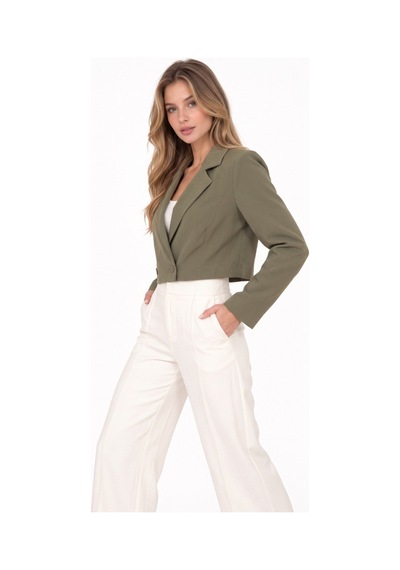 Saade Haki Kadın Regular Fit Kruvaze Kapama Dokuma Crop Blazer Ceket -şık & Spor