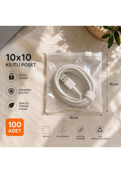 10x10 Şeffaf Kilitli Poşet 100 Adet - 140 Mikron, Bpa İçermez