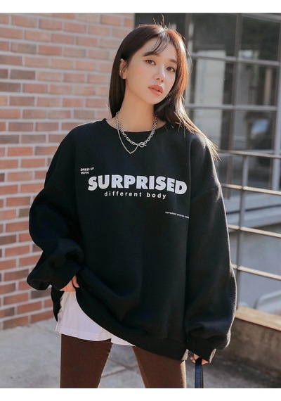 Startmore Siyah Surprised Yazı Baskılı Oversize Bisiklet Yaka Sweatshirt Siyah
