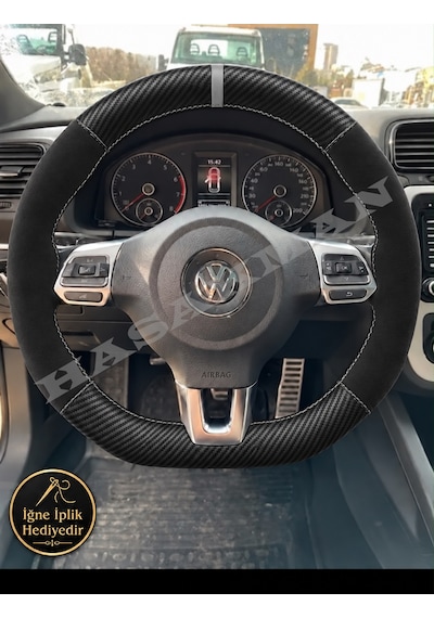 Volkswagen Scirocco Dikme Direksiyon Kılıfı Alcantara Süet Mat Karbon Gri Yüzük Ve Dikiş Spor Direksiyon 2008-2014