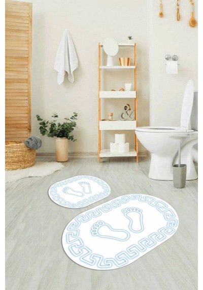 Buççin Online Mağaza Dijital Baskılı Kaymaz Yıkanabilir Ayak Desen Oval Banyo Takımı Klozet Takımı Polyester Beyaz Çok Renkli