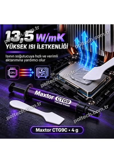 Maxtor Ctg9c 4gr 13.5 W/mk Yüksek Performanslı Termal Macun, Cpu Gpu İşlemci Ekran Kartı İçin, Intel Amd Ryzen Nvıdıa Uyumlu Thermal Grease, Spatula Ve Temizleme Mendilli