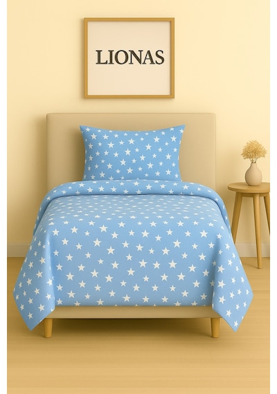 Lionas Tek Kişilik Desenli Nevresim + 1 Adet Kapaklı Yastık Kılıfı Gök Mavi