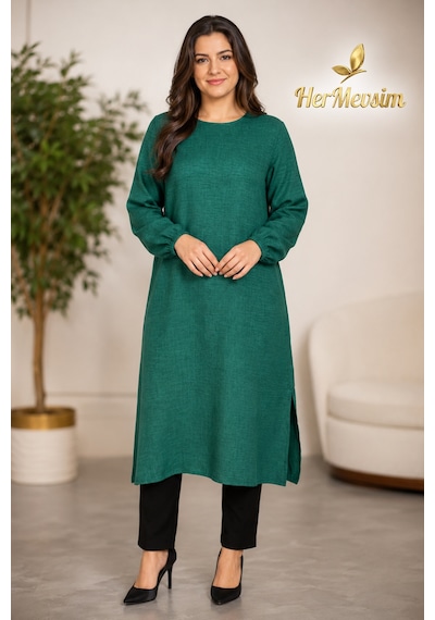 Hermevsim Missbah Kadın Efnan Keten Basic 115cm Yanı Yırtmaçlı Uzun Yeşil Tunik