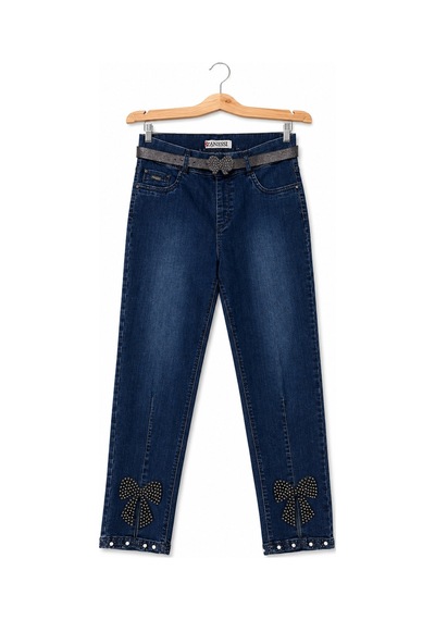 Zanessi Fashıon Büyük Beden Kemerli Likralı Taşlı Denim Kadın Pantolon Lacivert