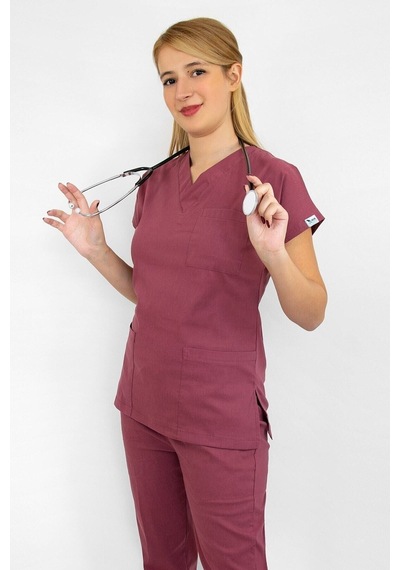 Unisex Gül Kurusu Renk Likralı Doktor Hemşire Cerrahi Scrubs Tek Üst Forma Gül Kurusu Gül Kurusu