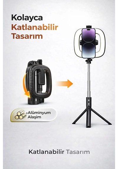Bluetooth Kumandalı Şarjlı 6 İnç Led Ring Light Katlanabilir Selfie Çubuğu Ve Tripod 3 Renk Tonu