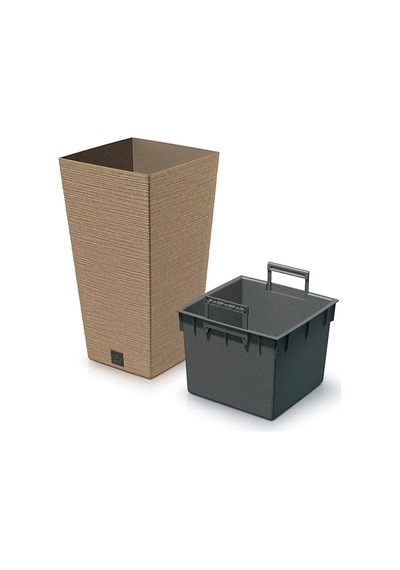 Furu Ahşap Katkılı Kare Plastik Saksı Açık Kahverengi