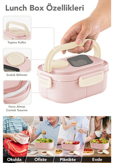 Bondie Kilitli Kapak Yemek Kabı - 2 Katlı Bölmeli Kaşık Ve Sosluklu Lunch Box Beslenme Kutusu Pembe