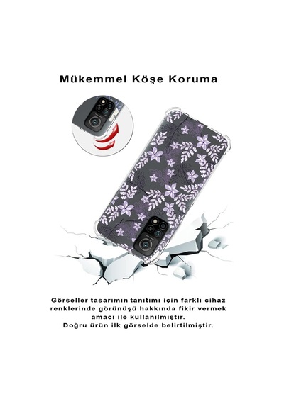 Xiaomi Redmi 10a Köşe Korumalı Antişok Kapak Floral Lila Tasarımlı Şeffaf Silikon Kılıf