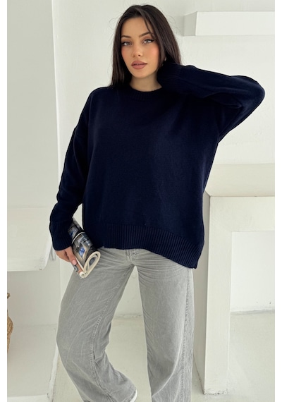 Femelle Kadın Lacivert Standart Beden Oversize Basic Triko Kazak - 357bnd