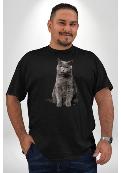 Angemiel British Shorthair Kedi Siyah Büyük Beden Erkek Kadın Unisex Basic Ön Baskılı Tişört Siyah