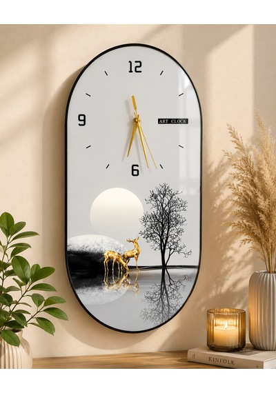 Doğanın Yansıması Geyik Temalı Dekoratif Oval Duvar Saati 60x30 Cm Modern Salon Ve Ofis Saati Siyah