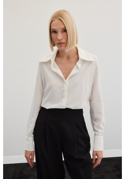 Sateen Aksesuarlı Klasik Gömlek - Ekru-136483 Ekru