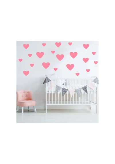Çeşitli Ebatlarda Kalp Şeklinde Duvar Sticker Seti - 97 Adet Bebe Pembe