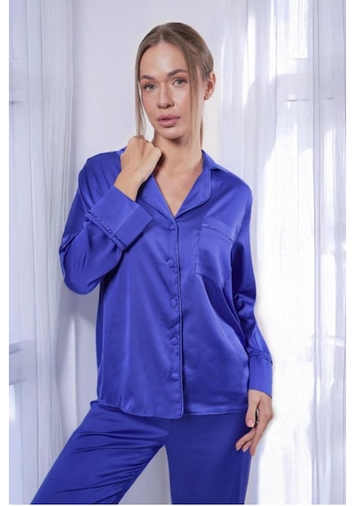 Gizotti Saks Mavi Saten İkili Pijama Takımı M Saks Mavi