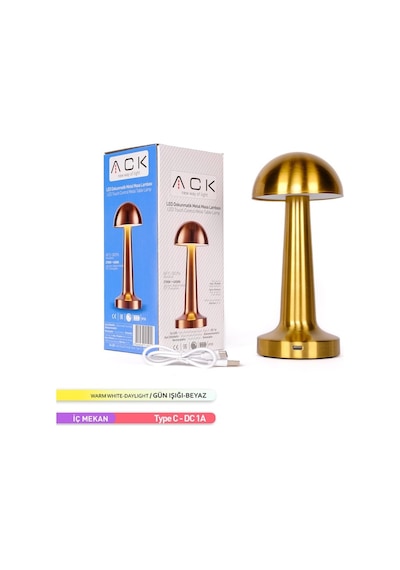 ACK Şarjlı Dokunmatik LED Masa Lambası, Dimlenebilir, Gold