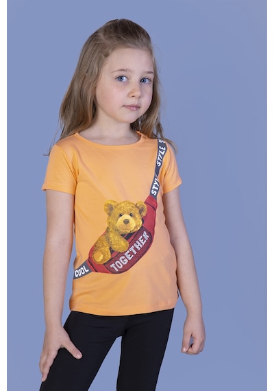 Toontoy Kids Toontoy Kız Çocuk Baskılı Bisiklet Yaka Kısa Kollu Tişört Turuncu