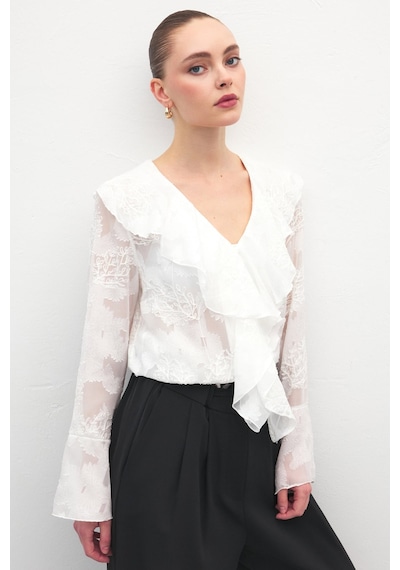 Sateen Fırfır Detaylı Nakışlı Gömlek - Ekru-137183 ekru