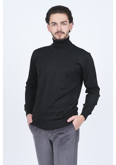 Woolen World Erkek Desenli Tam Balıkçı Triko Yün Kazak 5596984 Si Siyah